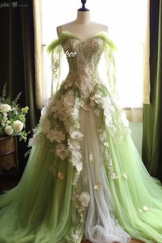 Green Fairy Prom Dresses, Prom Fairytale Theme Dress, Fairytale Wedding Dress Green, Green Princess Dress Fairytale, Green Fairy Gown, Green Fairytale Dress, Princess Tiana Prom Dress, Tiana Wedding Dress, Tiana Inspired Dress