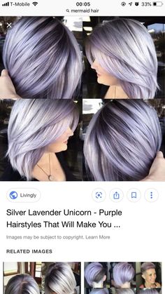 Silver Hair With Lavender Highlights, Silver Hair With Colored Highlights, Gray Hair With Purple Highlights Over 50, Silver Hair Bob, Silver Lavender Hair, Gray Highlights, Colourful Hair, Purple Highlights