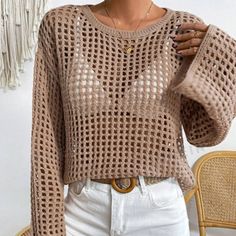 Lasaky - Wide-Sleeve Loose-Fit Knit Sweater with Hollow Out Design Cutout Blouse, Beach Wear Outfits, Blouse For Women, Caramel Color, Blouse Patterns, Wide Sleeves, Flared Sleeves, Silk Blouse, Clothing Patterns