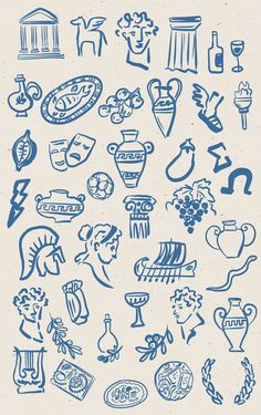 blue ink drawings on white paper depicting various things in the form of flowers and vases