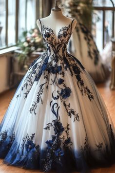 Masquerade Ball Gowns Blue, Wedding Dress With Blue Accents, Blue And Black Wedding Dress, Dark Blue Ball Gowns, Black And Blue Wedding Dress, Blue And Gold Wedding Dress, Mascarade Ball Outfit, Dark Blue Wedding Dress, Corpse Bride Dress