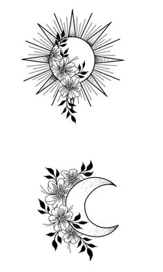 two sun and moon tattoos with flowers