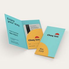 an open brochure showing the front and back pages of a business card, which reads enjoy your stay