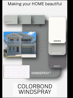 an advertisement for a house that has been painted in shades of gray, white and grey