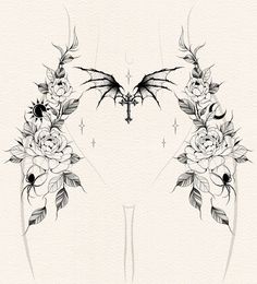 an artistic tattoo design with flowers and bats on the back of their wings, in black and white