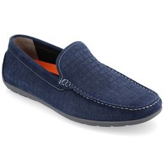 Introducing the Newman loafer from Thomas & Vine, where timeless style meets comfort. The genuine suede upper material, combined with a round toe offers a classic and versatile look. With a fabric lining, a 6 mm Tru Comfort Foam™ footbed, and a durable rubber outer sole, the Newman promises both luxurious comfort and enduring style for any occasion. Casual Moc Toe Slip-resistant Loafers, Comfortable Synthetic Slip-on Loafers, Fitted Blue Slip-on Loafers, Comfortable Blue Slip-on Loafers, Medium Width Synthetic Slip-on Loafers, Thomas Vines, Driving Loafers, Famous Footwear, Loafers Style