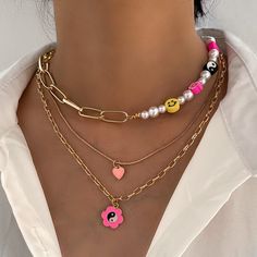 1 piece Necklace Type: Chain Necklaces Material: Metal - Zinc Alloy Chain Type: Link Chain Circumference: 47cm Pink Heart Pendant, Metal Chain Necklace, Yin Yang Necklace, Hip Hop Chains, Face Jewellery, Herringbone Necklace, Dog Pendant, Multi Layer Necklace, Gummy Bear