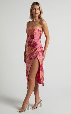 Brailey Midi Dress - Thigh Split Strapless Dress in Pink Jacquard | Showpo USA Floral Silk Dress, Silk Floral Dress, Dress Inspo, Virtual Closet, Outfit Idea, Honey Bee, Silk Dress, Strapless Dress, Split