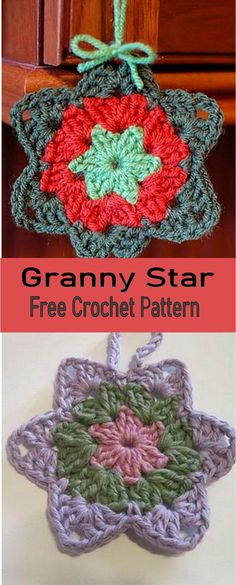 crocheted granny star ornament with text overlay that says granny star free crochet pattern