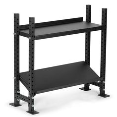 a black shelf with two shelves on each side and one shelf attached to the other