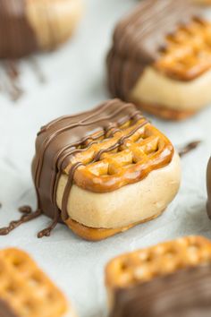 chocolate covered pretzel bites with caramel on top