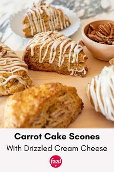 carrot cake scones with drizzled cream cheese and pecans on the side