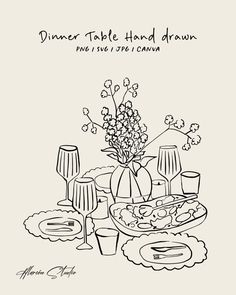 a black and white drawing of dinner table