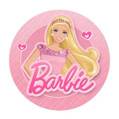 a barbie doll sticker with the word barbie on it's bottom and pink background