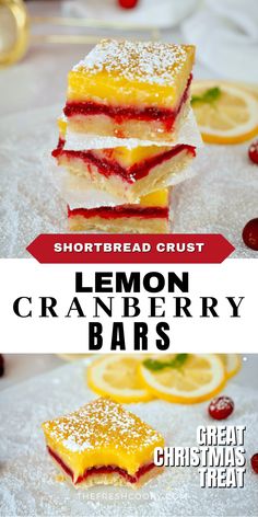 shortbread crust lemon cranberry bars are the perfect dessert for christmas and new year's eve