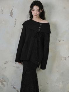 Button Accent One Shoulder Loose Knitted Sweater – ARCANA ARCHIVE Winter Knit Top With Buttons, Shoulder Design, Knitted Sweater, Womens Fall, Skirt Pants, Black Sweaters, Knit Top, One Shoulder, Sweaters For Women