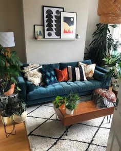 a living room filled with furniture and lots of plants on top of a rug in front of a window