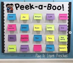 a bulletin board with post - it notes attached to it and the words peek - a - boo written on it