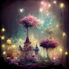 an image of a fairy land scene with flowers and trees in the foreground, lit up by fairy lights