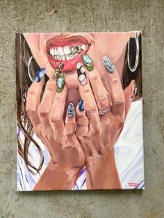 a painting of a woman holding her hands up to her mouth with rings on it