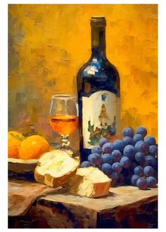 a painting of wine, cheese and oranges on a table with a bottle of wine