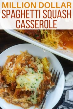 a white plate topped with lasagna casserole next to a serving dish