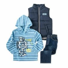 Kids Headquarters Infant Boys 3 Piece Robot Outfit Jeans Shirt & Vest Jacket This great looking 3 piece baby Robot outfit features denim blue jeans, a long sleeved robot t-shirt, and a plush blue quilted fleece zip front vest jacket. Infant boy's sizes 3 Piece Set Includes: Pants, shirt, and vest Polyester Jacket, pants & shirt poly/cotton blend Payment We accept PayPal as our payment method. Immediate payment is required. If you have any questions about payment, please feel free to contact our Robot Outfit, Thermal Jeans, Baby Boy Cardigan, Boys Cardigans, Infant Boys, Jeans Shirt, Polyester Jacket, Shirt Vest, Outfit Jeans