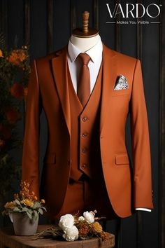 Rust Suit Wedding, Burnt Orange Suit, Three Piece Suit For Men, Surprise 40th, Groomsmen Party, Suits Groom, Formal Wedding Attire, Classy Wear