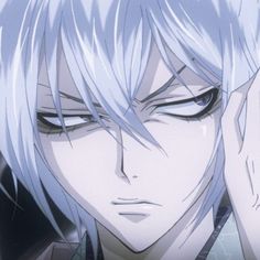 an anime character with white hair holding his hands up to his face and looking at the camera