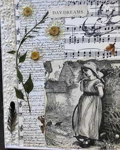 altered photograph of a woman with flowers and music notes on the page in front of her