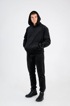 Black color, exclusive design oversized, double velour tracksuit for leisure.  Double velour- it's warmer than usual velour Perfect for cold weather Highest quality handmade athleisure wear for men. After confirmation of your payment we will prepare and ship the item for you in 9 business days. We assure quality - each item is handmade with love by our well selected seamstresses. Fabric - Highest quality stretchy, soft velour: Polyester, Elastane. Sizes :S, M, L,XL, XXL Men in picture wears M si Fleece Tracksuit With Ribbed Cuffs And Hood, Hooded Fleece Tracksuit With Kangaroo Pocket, Fleece Hooded Tracksuit With Ribbed Cuffs, Hooded Fleece Tracksuit With Ribbed Cuffs, Winter Tracksuit With Drawstring Hood For Jogging, Winter Fleece Tracksuit For Jogging, Winter Tracksuit With Kangaroo Pocket, Winter Fleece Jogging Tracksuit, Solid Fleece Tracksuit Sportswear