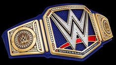 the wwe championship belt is shown in gold and blue, with an emblem on it