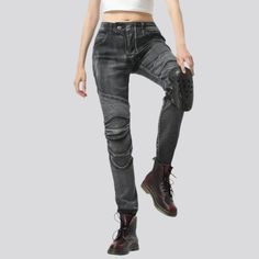 Fall in love with our 2023 Autumn Collection Slim Women's Biker Jeans textured for the modern biker babe. These vintage jeans feature a slim silhouette. mid-waist rise. protective knee-pads. zipper & button closure. and a timeless grey colorway. Get ready to ride the fashion wave with timeless style and protective edge!Distinctive Features Vintage Charm: Step back into the 90s with a timeless slim shape and mid-waist rise. Protective Edge: Feel confident and secure with padded knee-pads for extr Biker Babe, Biker Jeans, Autumn Collection, 2023 Autumn, Lady Biker, Knee Pads, Step Back, Jean Grey, The 90s