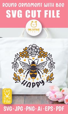 the svg cut file is shown with flowers and a bee on it, in front of