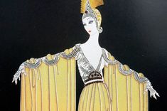 a drawing of a woman wearing a yellow dress and headpiece with gold trimmings