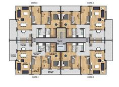 the floor plan for an apartment building with multiple rooms and three levels, including one bedroom