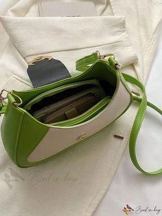 Bird in Bag - Elegant Block Color PU Body Bag Green Square Baguette Bag For Travel, Green Baguette Bag With Phone Pocket For Daily Use, Green Shoulder Baguette Bag With Phone Holder, Green Baguette Mobile Phone Shoulder Bag, Green Baguette Bag With Large Capacity For Daily Use, Green Baguette Bag For Daily Use In Spring, Green Baguette Tote Bag With Detachable Strap, Trendy Green Shoulder Bag, Green Tote Baguette Bag For Shopping