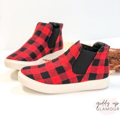 Stroll comfortably downtown with these adorable sneakers! These sneakers include a high top with elastic sides, which makes these easy to slide on and comfortable to wear all day! The upper is a red and black buffalo plaid print. The heel measures 1.1 inches tall. These shoes fit true to size. SKU: #Tesoro-Red Plaid Sneakers, Slide On, Plaid Print, Buffalo Plaid, Red And Black, Types Of Shoes, High Top, High Top Sneakers, High Tops