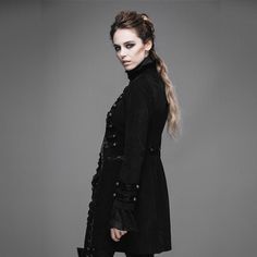 Material:Cotton 
Color:Black 
Style:Punk 
Description:High neck and strappy details on the chest mark this as a military style coat. The form fitting coat has a front opening and an elaborate frog closure at the throat. The knee length garment is meant for a period theatre costume or a goth dress up party.? 
Size:XS-3XL Fall Outerwear With Buttons And Stand Collar, Gothic Long Coat With Buttons, Gothic Winter Outerwear With Buttons, Gothic Fall Outerwear With Buttons, Fitted Long Coat For Fall, Fitted Long Sleeve Punk Outerwear, Gothic Winter Workwear Outerwear, Gothic Long Sleeve Blazer For Winter, Winter Punk Blazer