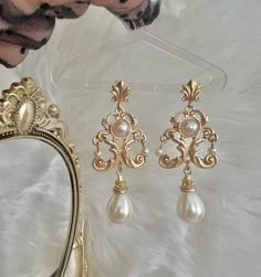 The most gorgeous and unique earrings! Turn heads at any event with these earrings. Gold plated with High Quality faux pearls! Vintage Vibe Wedding, Bride Earrings Gold, Expensive Wedding, Vintage Gold Earrings, Gold Earrings Wedding, Wedding Expenses, Earrings Aesthetic, Fairy Jewelry, Bride Earrings