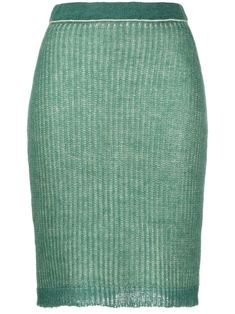 jade green/yellow mohair blend jersey knit layered design mid-rise ribbed waistband straight hem knee-length Green Midi Skirt Bottoms For Winter, Fitted Ribbed Green Bottoms, Green Knit Stretch Bottoms, Green Pencil Skirt For Workwear In Fall, Ribbed Fitted Knee-length Skirt, Fitted Ribbed Knee-length Skirt, Green Knee-length Bottoms, Spring Knit Midi Bottoms, Spring Knit Midi-length Bottoms