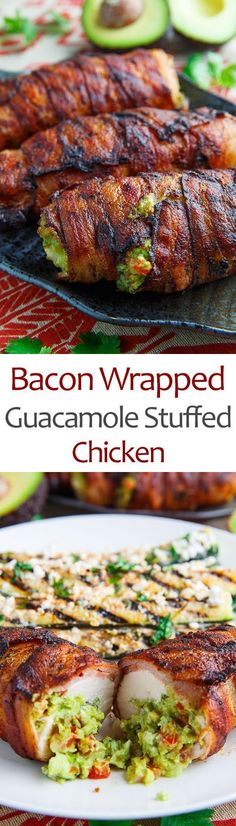 bacon wrapped guacamole stuffed chicken on a plate