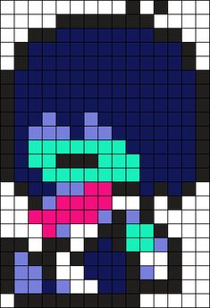 an image of a pixel art piece in black and white with blue, pink, and green colors