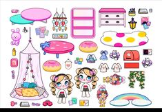 an assortment of items are displayed on a white background with pink and yellow accents,