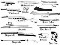 the different types of knifes and knives are shown in black and white, as well as