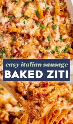 a casserole dish filled with baked ziti