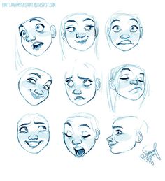 various facial expressions drawn in pencil on paper