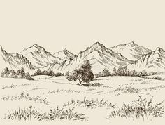 an ink drawing of mountains and trees in the foreground with grass on the ground