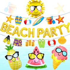 a beach party poster with pineapples, watermelon and sunglasses