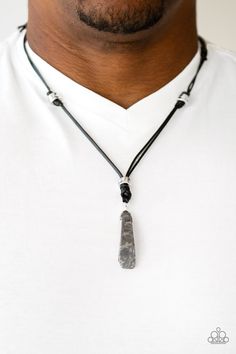 Infused with shiny silver beads, a chunk of hematite swings from the bottom of a lengthened strand of black leather cording, creating an urban pendant. Features an adjustable sliding knot closure. Size may vary. Sold as one individual necklace. Black Jewelry Necklace, Meteorite Necklace, Adjustable Sliding Knot, Sliding Knot Closure, Adjustable Jewelry, Sliding Knot, Jewelry Images, Paparazzi Accessories, Mens Accessories Jewelry